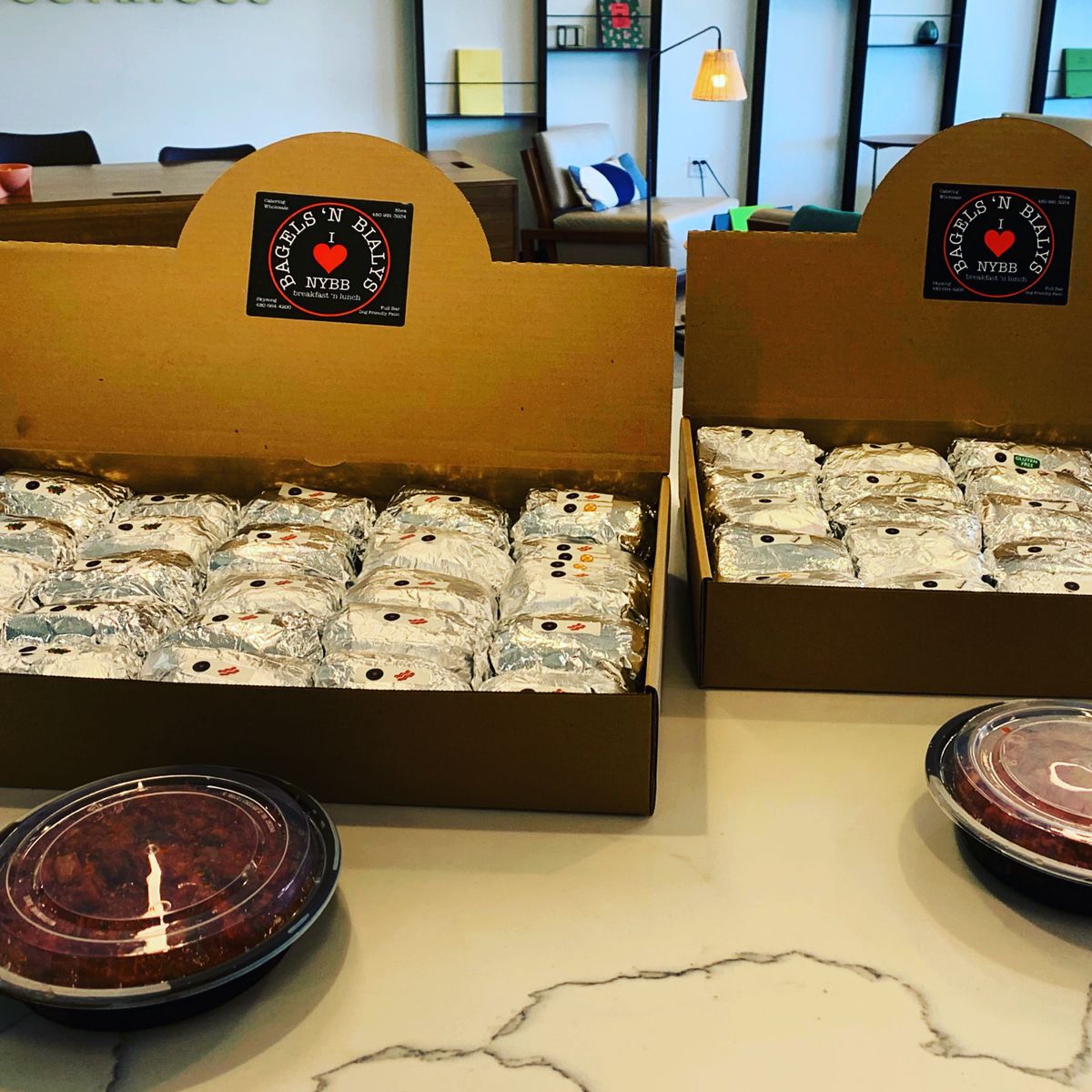 Catering bagel boxes ready to go
