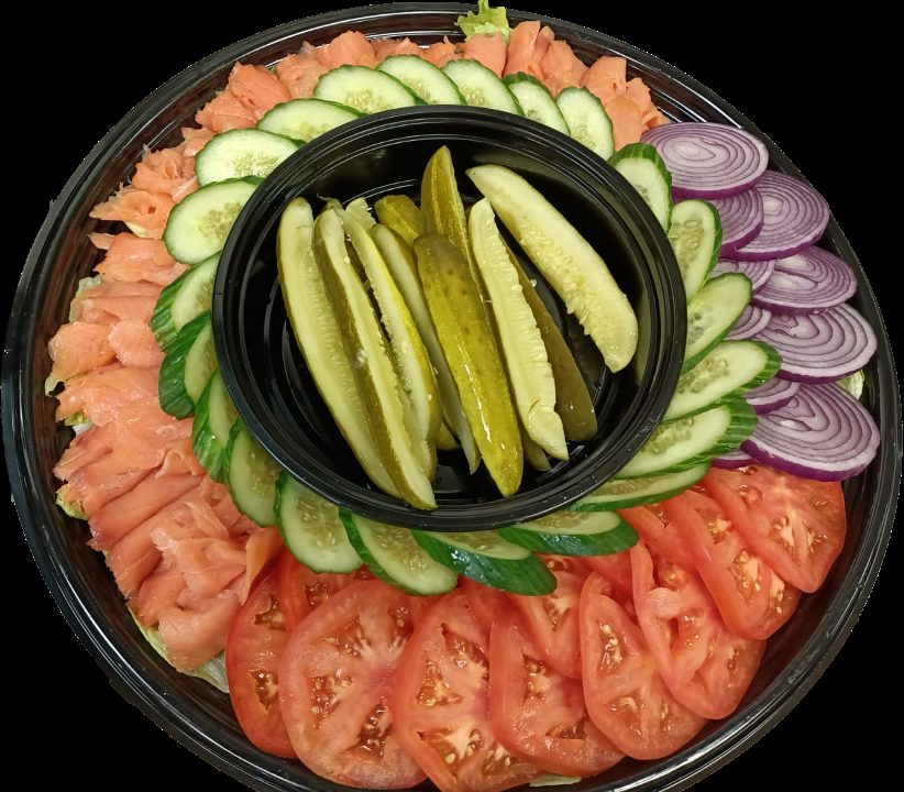 Lox platter with tomato, cucumber and pickles