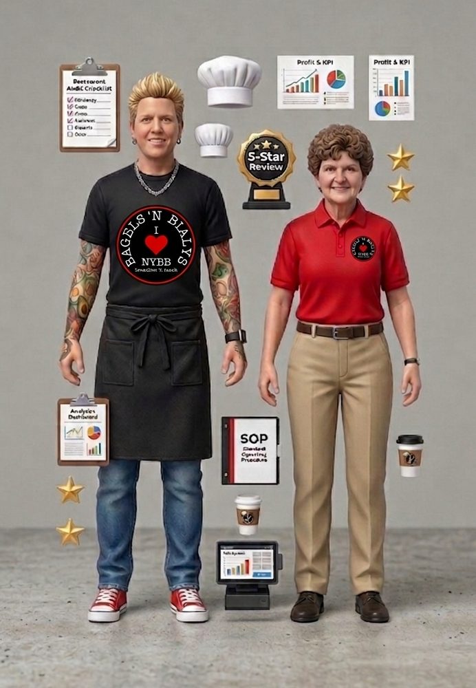 Shelley and Ruth as action figures with clipboards, charts, and a 5-star review trophy