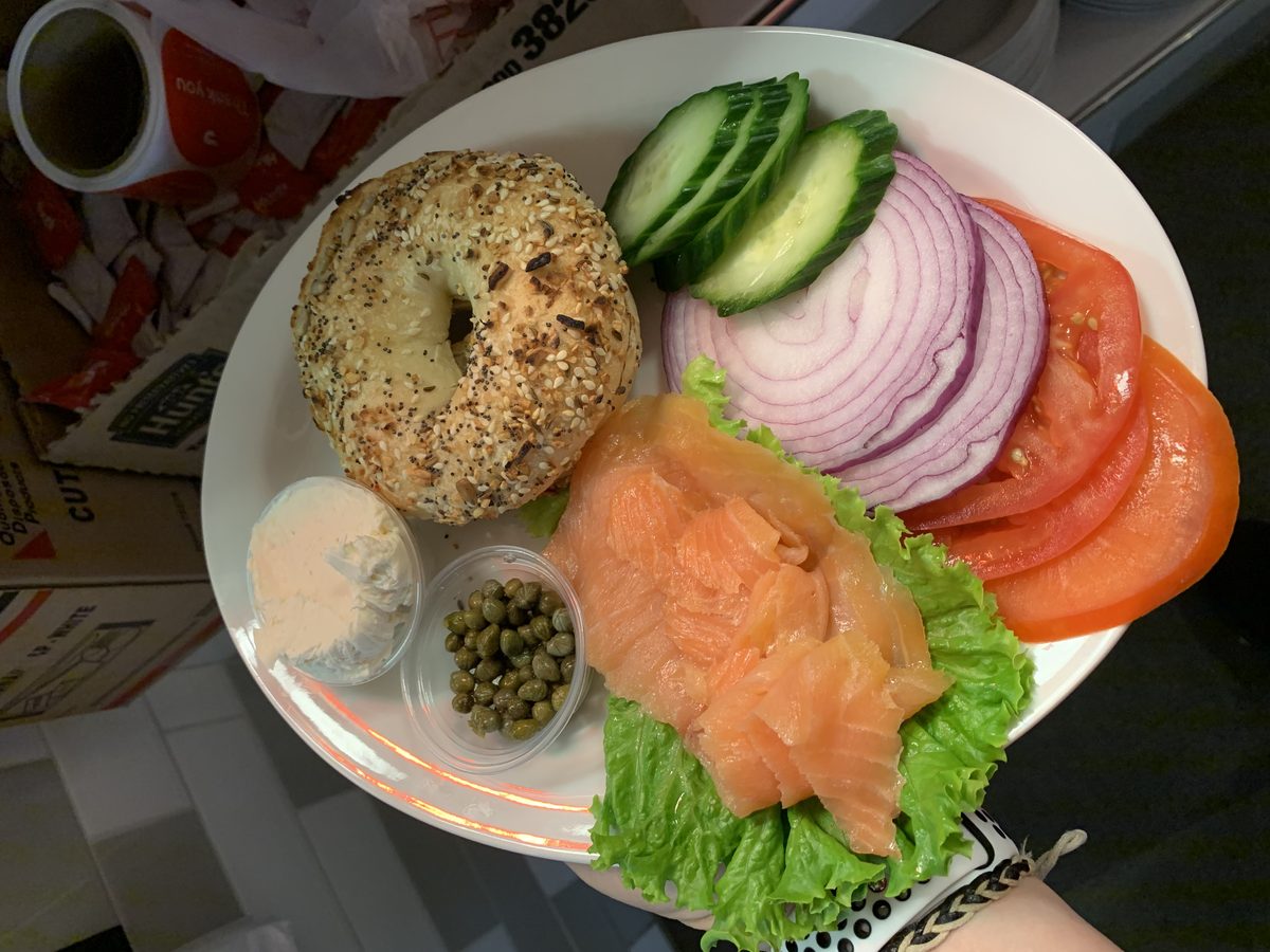Lox plate: everything bagel with nova lox, cream cheese and capers